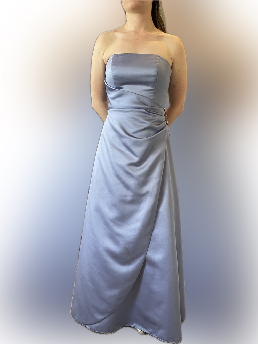 David's Bridal Periwinkle Blue Satin Strapless Side Drape Prom Gown 8567 Size 4